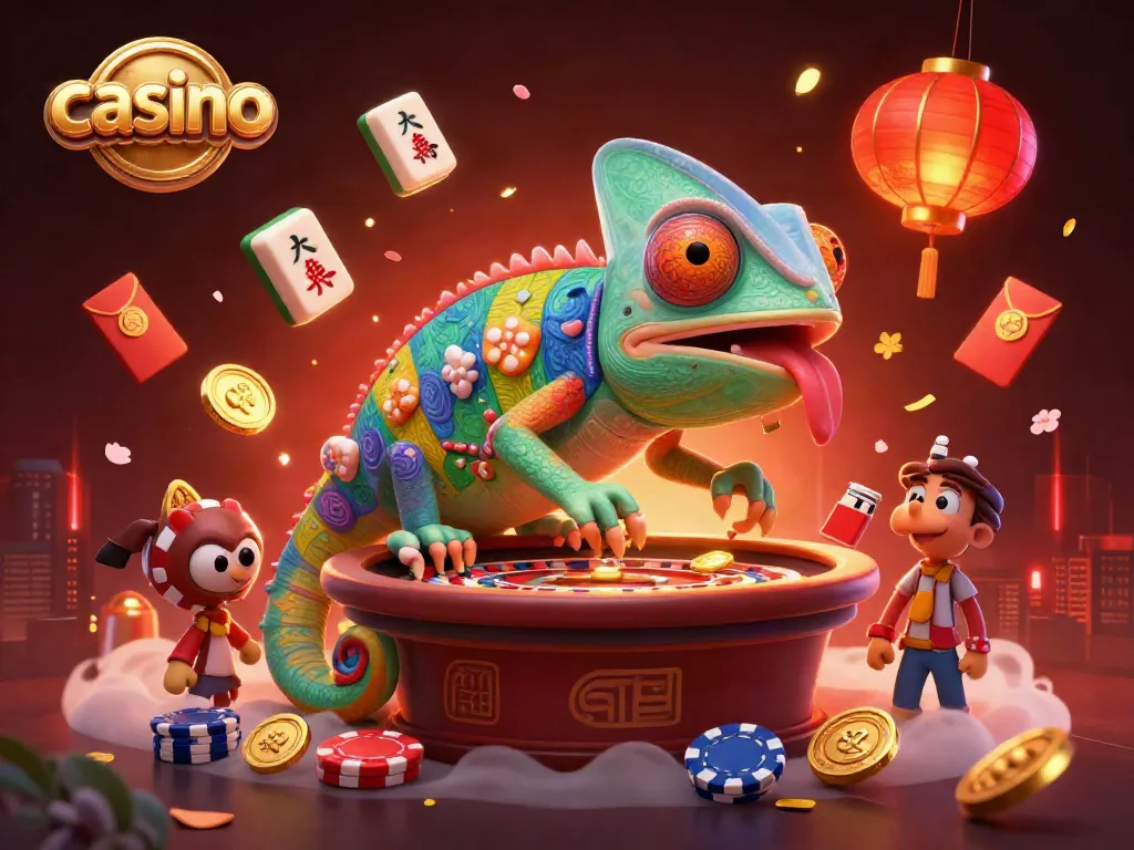 Experience thrilling casino gameplay with the vibrant chameleon casino owner and festive gaming elements.