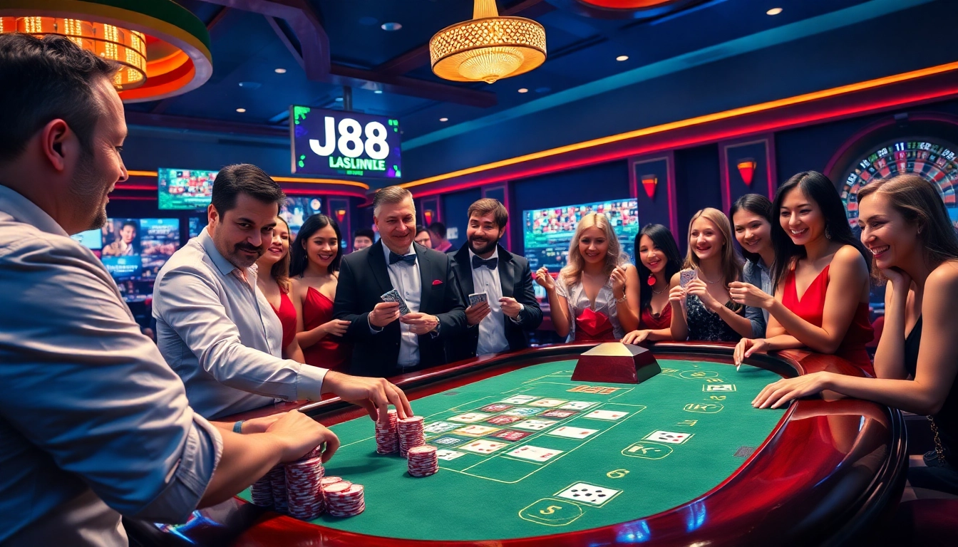 Players celebrating a win at the J88 casino table with vibrant chips and cards.