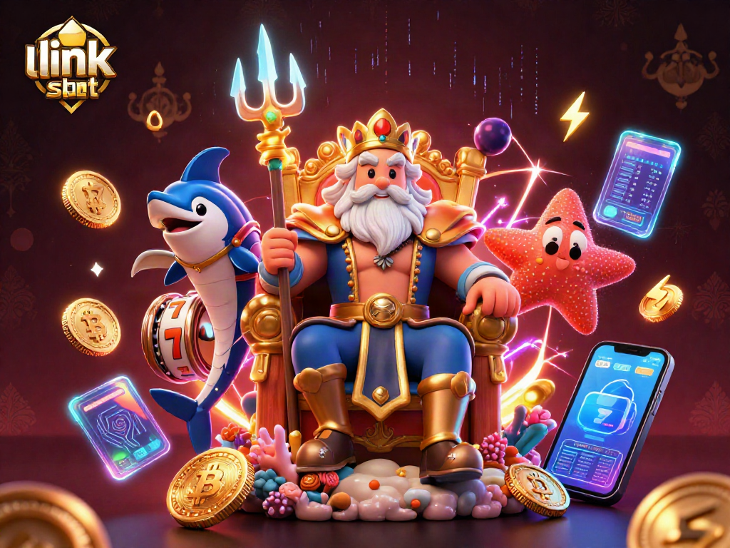 Experience slot gaming excitement with link slot in this vibrant 3D casino illustration.