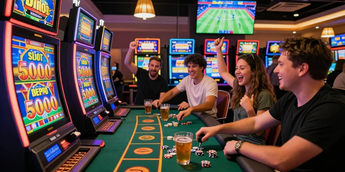 Friends celebrating at a gaming table featuring slot depo 5000, colorful slot machines and vibrant atmosphere.