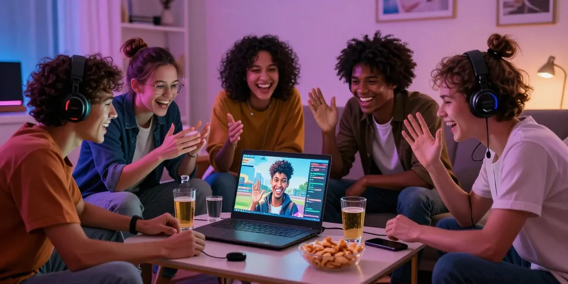 Group of friends enjoying smash or pass ai game with AI-generated images in a cozy living room.