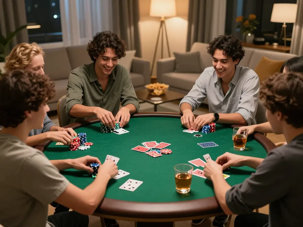 Suasana malam poker di rumah yang menarik, menunjukkan kebersamaan saat mencari opsi daftar poker online.