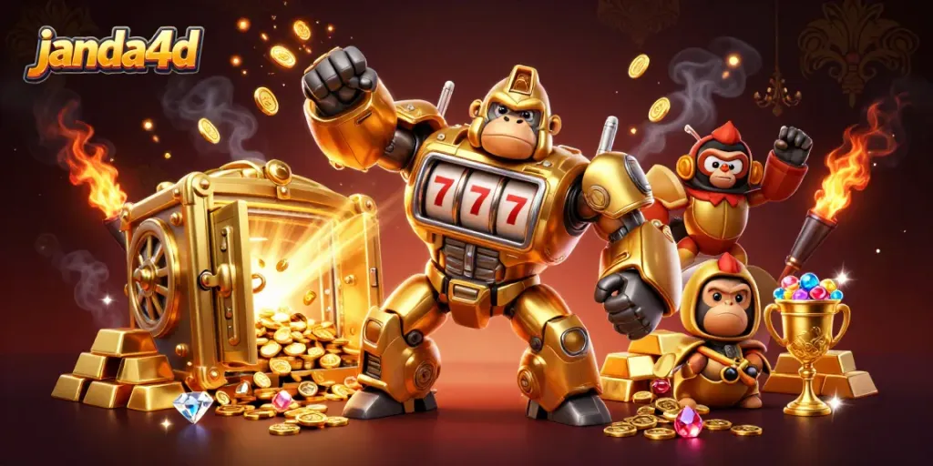 Janda4d menghadirkan keseruan slot dengan gorila emas raksasa dan banyak harta berkilau.