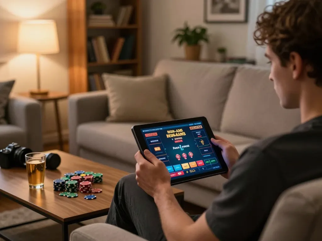 Engaging in strategic gameplay at a lista casino online non aams on a tablet, relaxed home atmosphere.