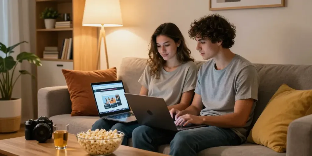 Cozy home scene with young couple enjoying Hornyleak content on a laptop.