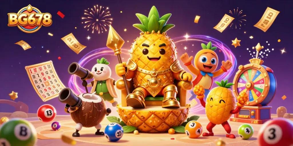 Win big with BG678 while enjoying a vibrant casino-themed scene filled with colorful games and festive elements.