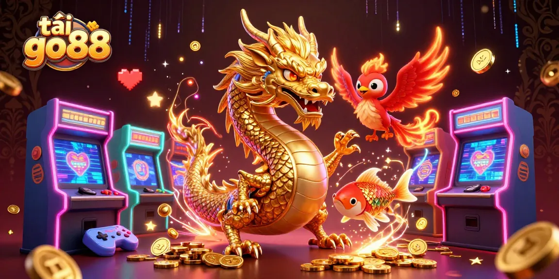 Experience the thrill of tải go88 with a vibrant casino scene featuring majestic dragon, phoenix, and koi fish.