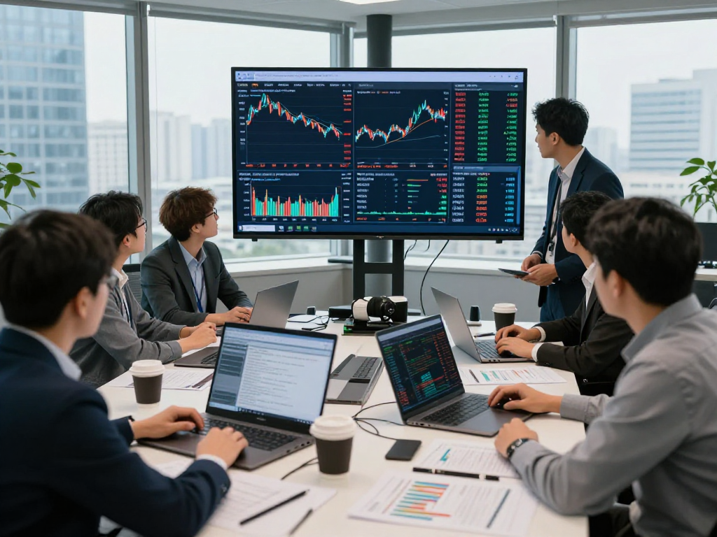 Collaborative finance team analyzing data from Hang Seng constituent stock API in a modern office