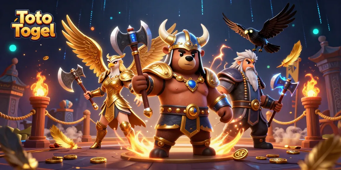 Engage with Toto Togel adventure, featuring a Viking bear and Valkyrie eagle in a dynamic casino scene.