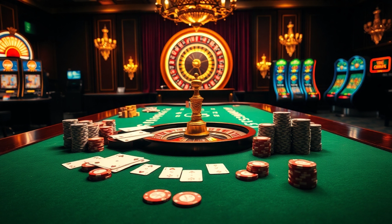 Vivez l'excitation de meilleure casino en ligne avec une table de jeu luxueuse entourée de joueurs enthousiastes et de machines à sous vibrantes.