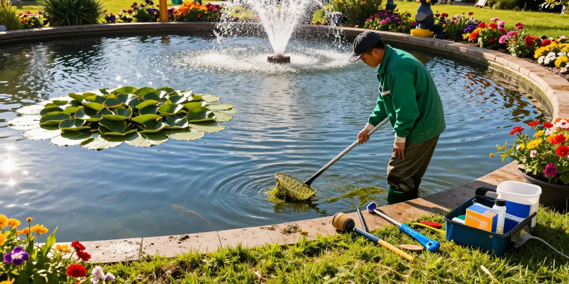 Pond Cleaning Surrey professional removing algae from a sparkling garden pond.