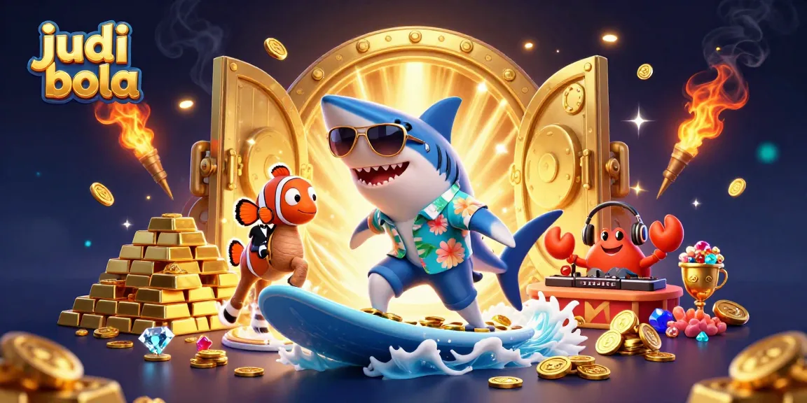 Experience judi bola excitement with a shark surfing on gold coins in a vibrant underwater casino scene.