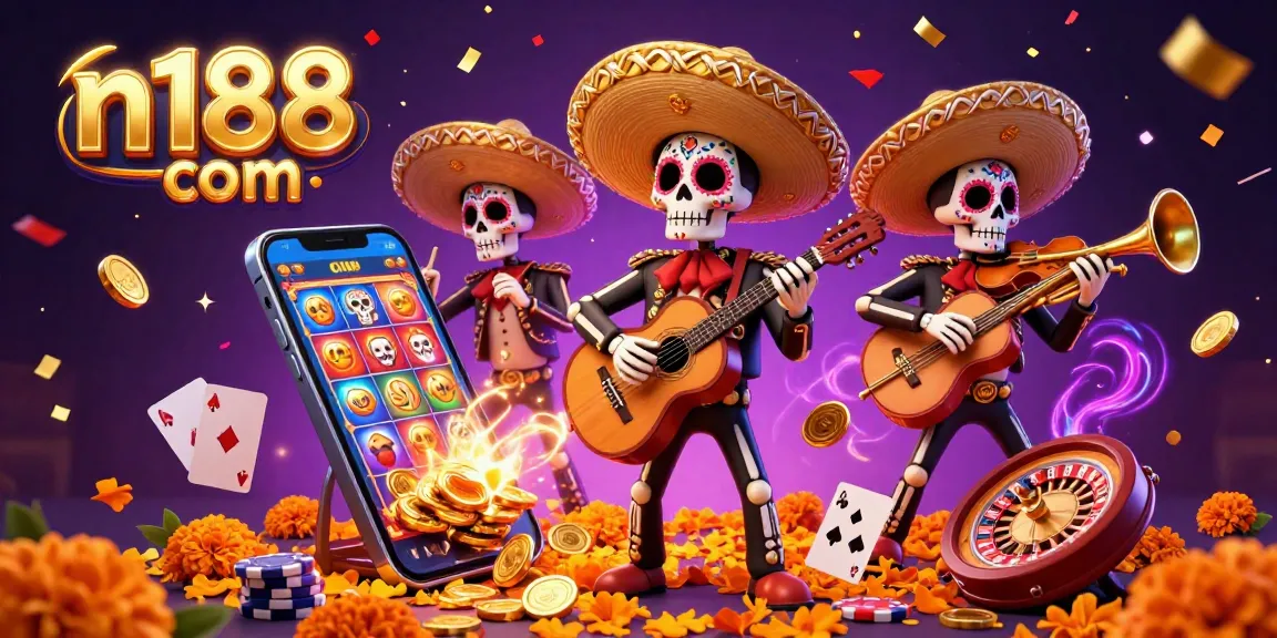 Experience thrilling action at n188 com with a vibrant illustration of a mariachi band surrounded by dynamic gaming elements.