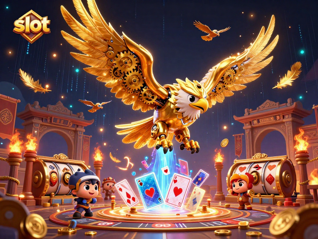 Experience thrilling slot gameplay as a cybernetic eagle dives through holographic cards, surrounded by vibrant casino elements.