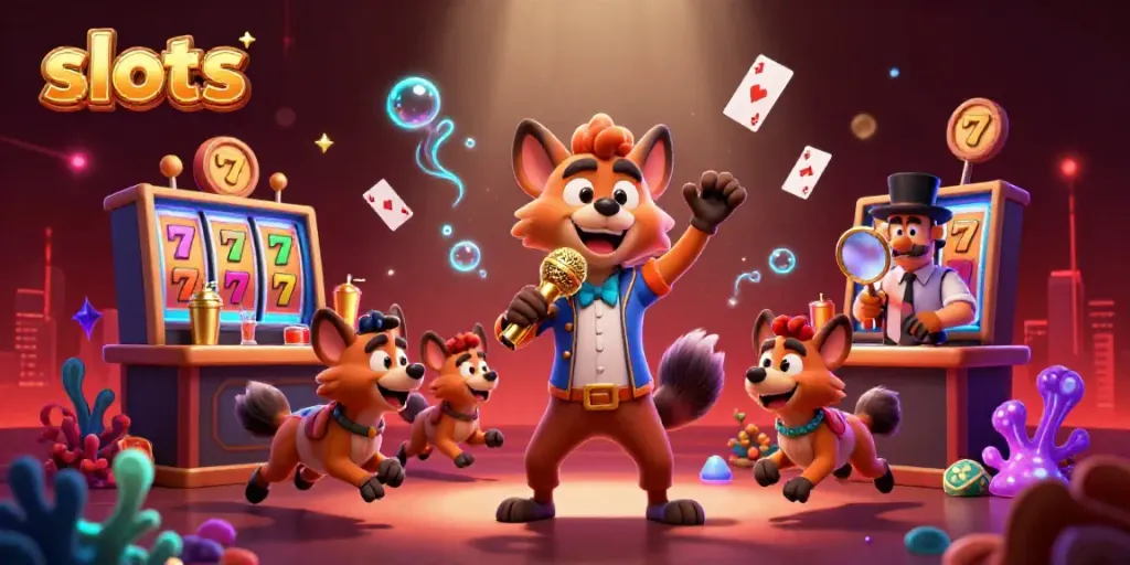 Engaging scene with hyenas in a comedy casino club featuring slots elements and lively interactions.