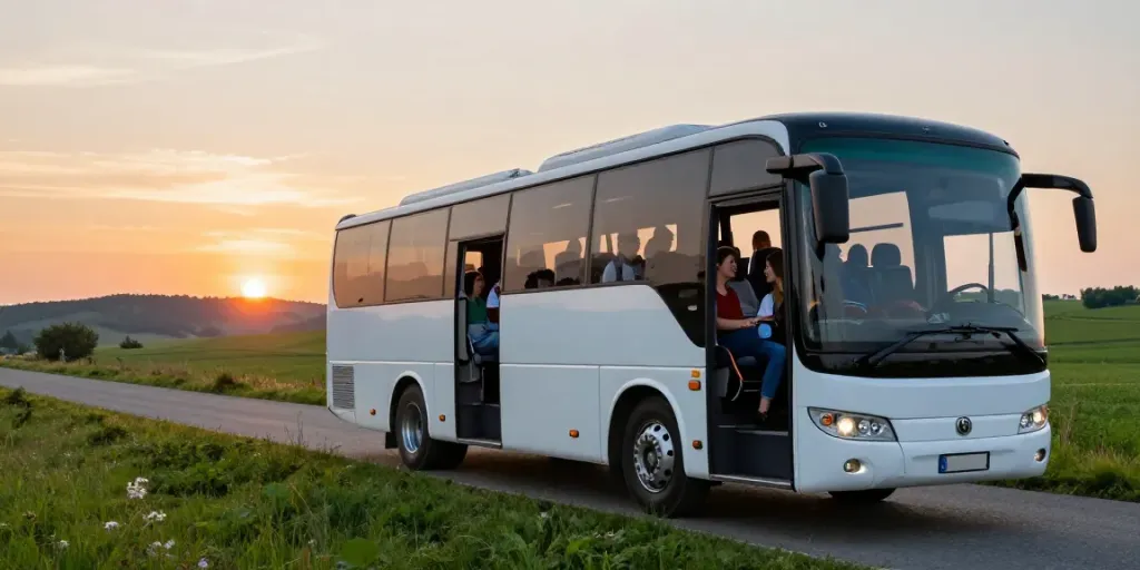 Transport Moldova Germania: Autocar modern pe drum, călători confortabili.