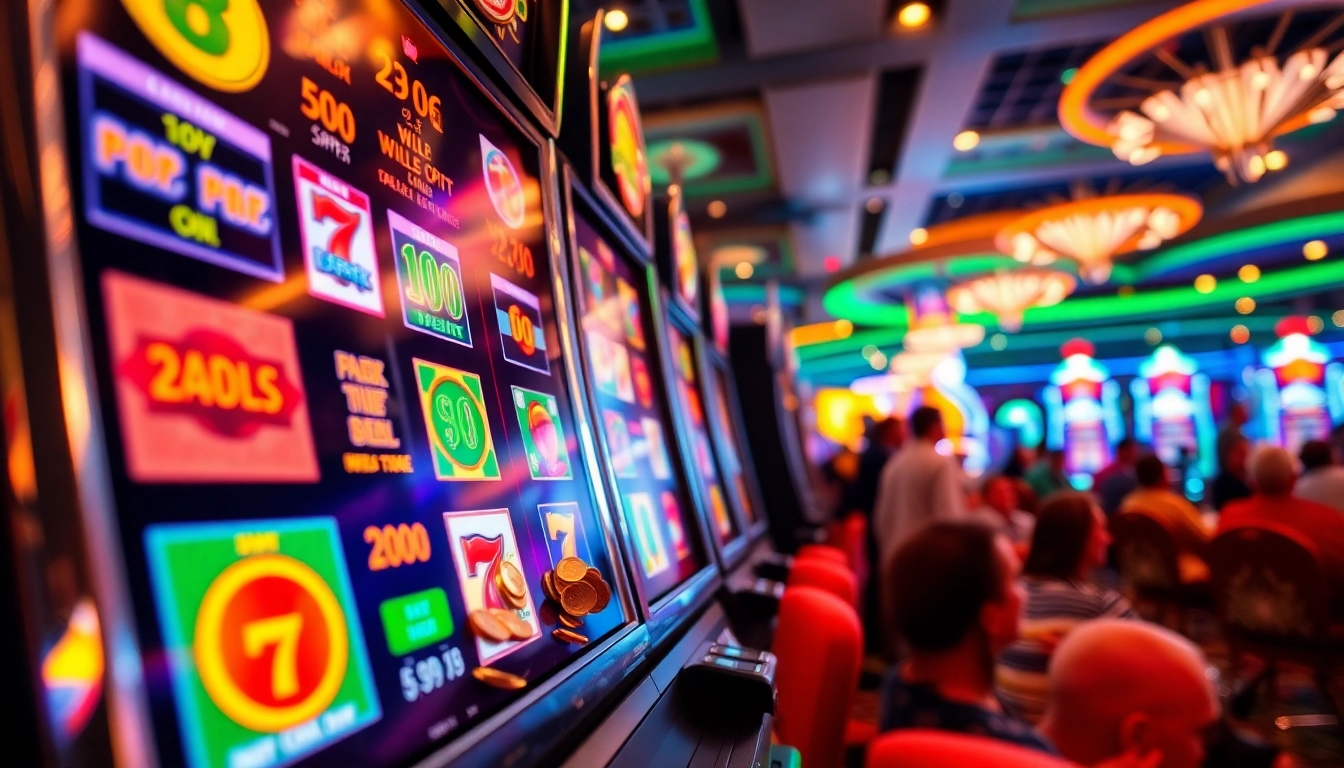 Menampilkan slot depo 1k dengan mesin slot berwarna cerah dan koin berjatuhan di kasino yang ramai.