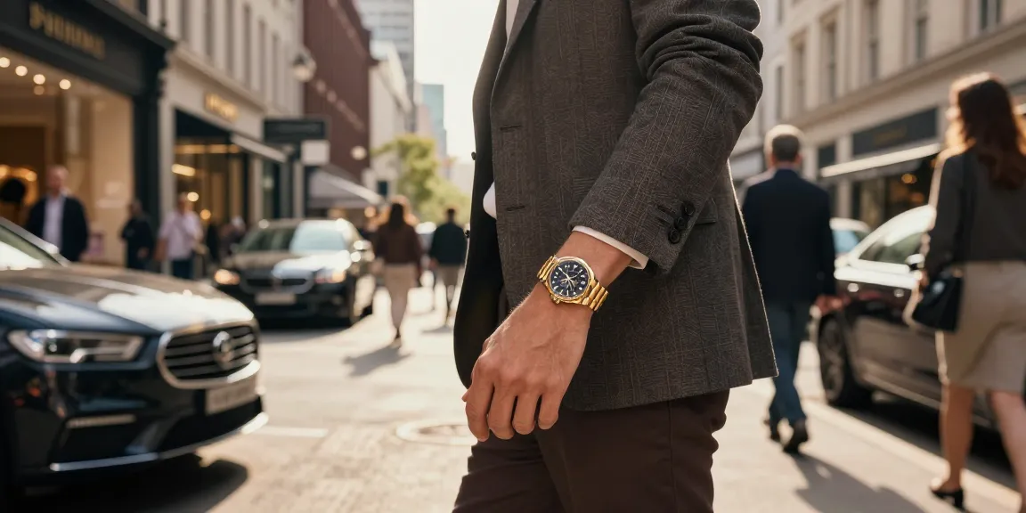 Individual flaunting a Rolex replica watch in a vibrant urban setting, exuding luxury and style.