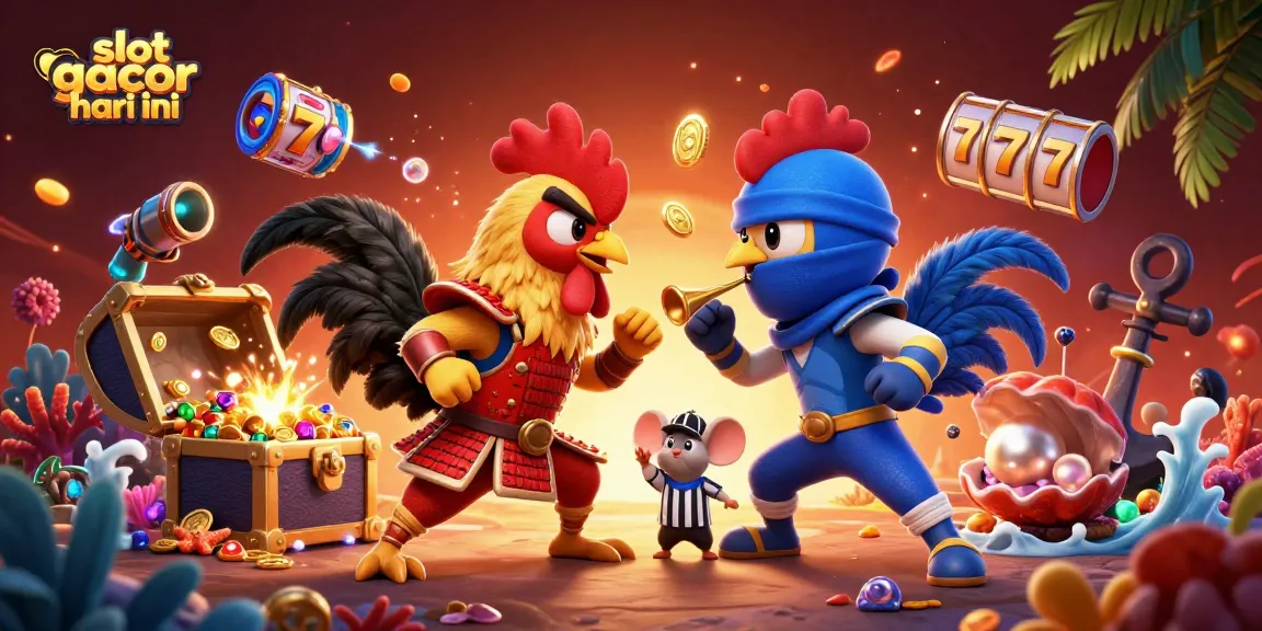Engage with the slot gacor hari ini theme, featuring 3D roosters in a fierce duel surrounded by vibrant casino elements.