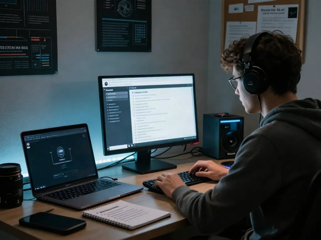 Tech-savvy individual accessing the Hidden Wiki on a computer in a dark, ambient workspace.