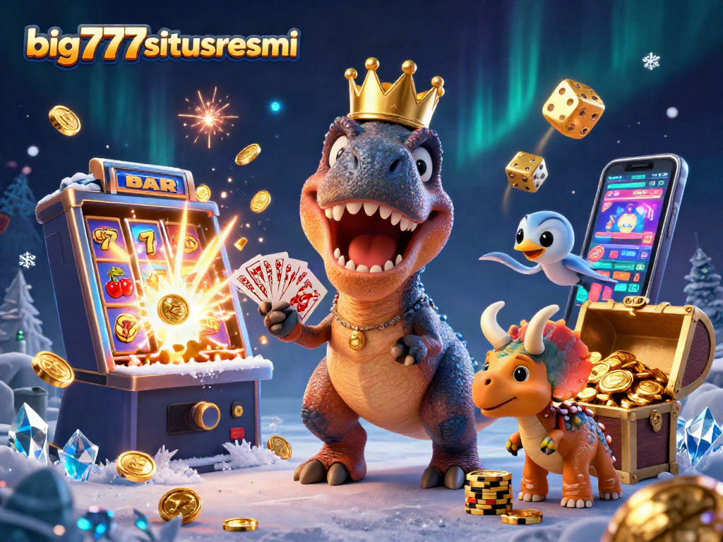 Experience exciting casino fun with big777situsresmi featuring a friendly T-Rex shuffling cards.