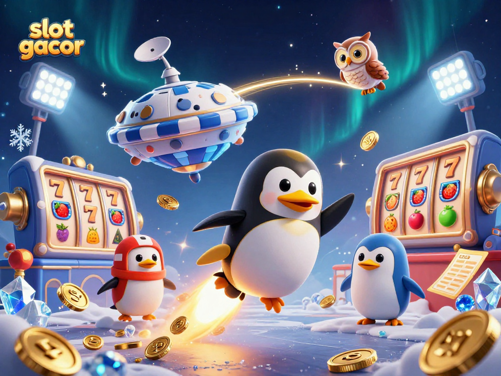 Slot gacor menghadirkan ilustrasi kartun 3D penguin emas yang meluncur di luar angkasa, mengumpulkan koin emas.