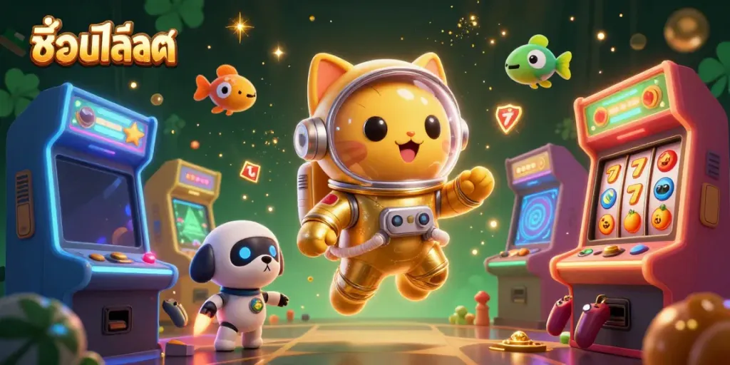 Experience thrilling gaming with the vibrant scene showcasing ชื่อเกมสล็อต featuring animated characters and casino elements.