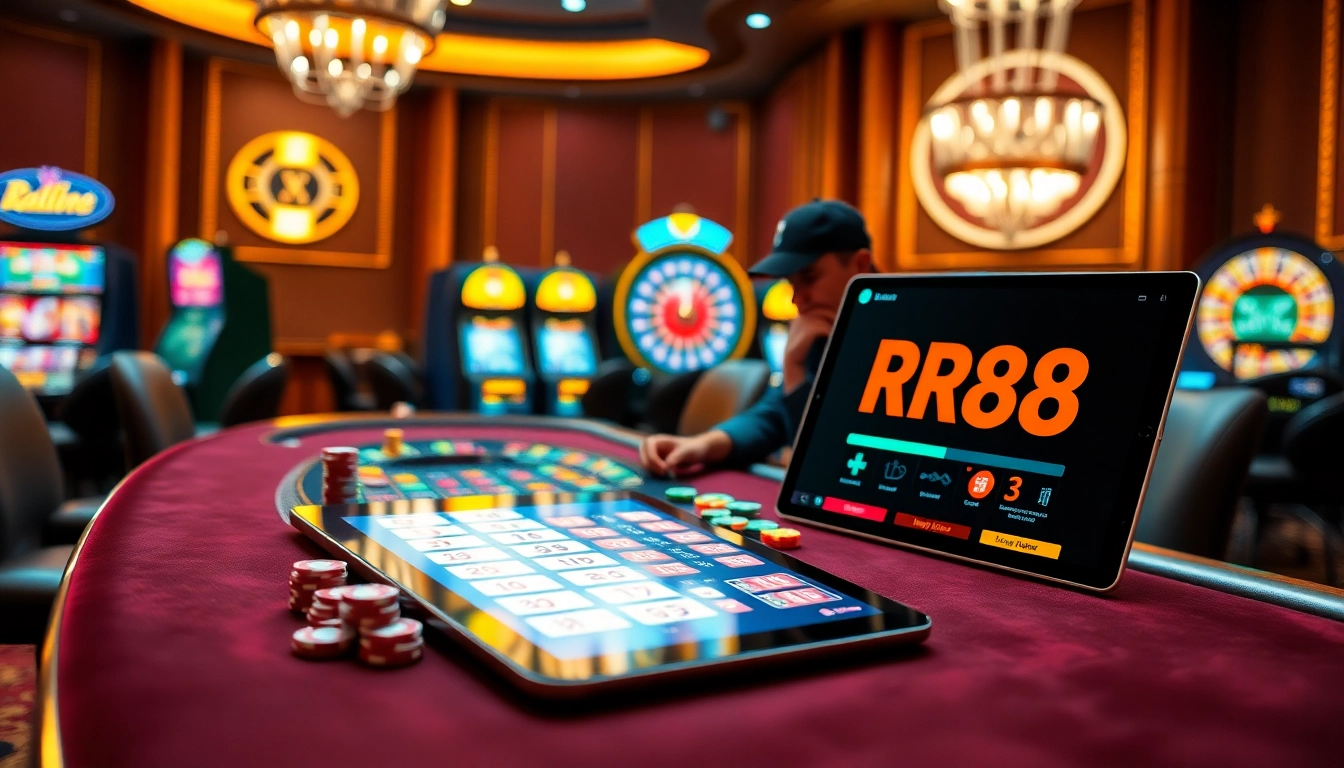 RR88 players engaged in a thrilling poker game at a luxury casino table.