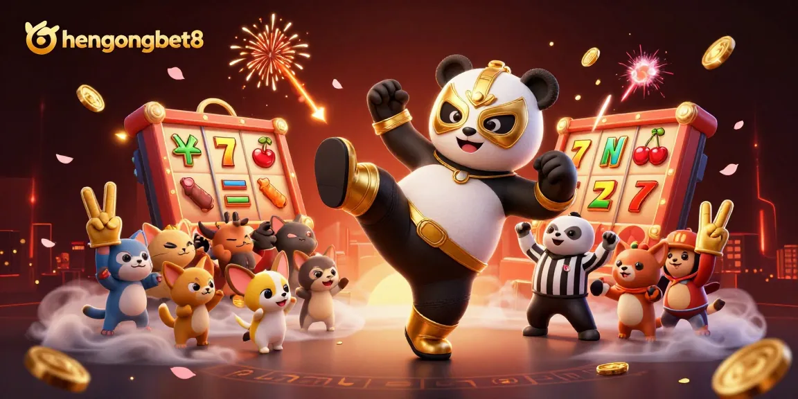 Engage with hengongbet8 while enjoying a vivid casino scene of a panda wrestler and animated spectators celebrating wins.