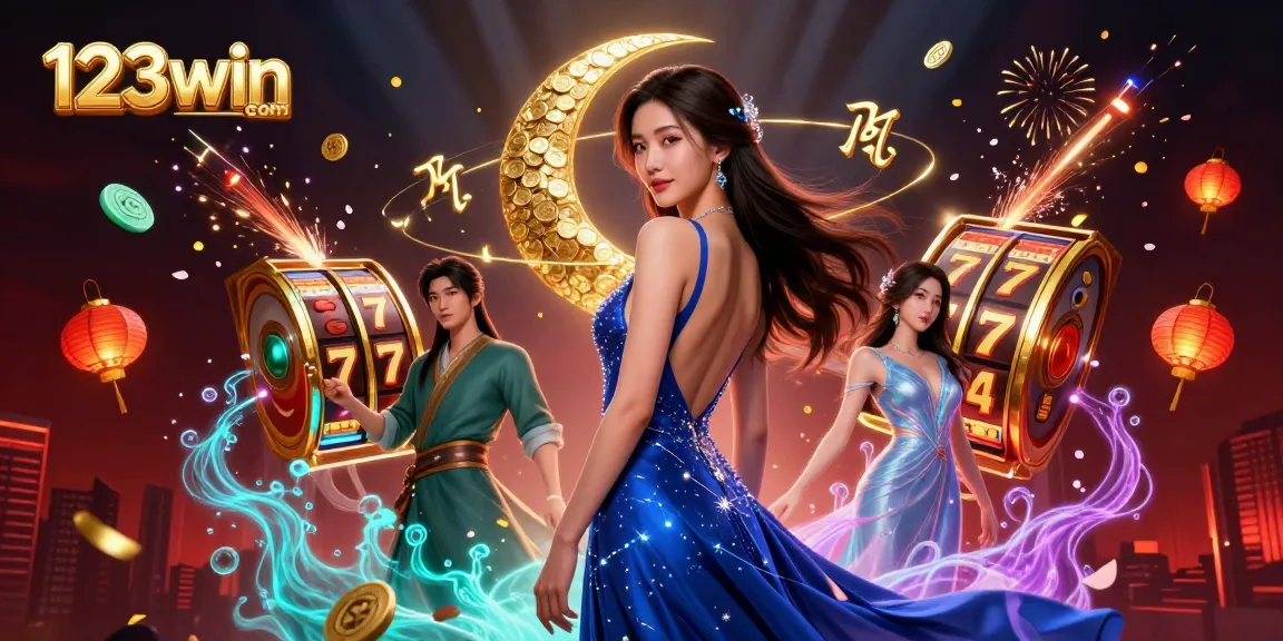 Experience the thrill of 123win com with vibrant slot reels and glamorous decorations.