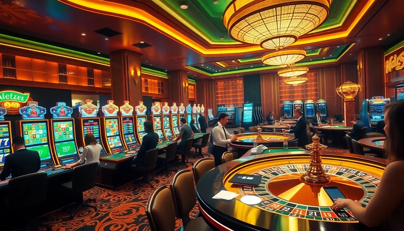 Rasakan sensasi permainan sumotogel di kasino mewah dengan meja-meja berwarna-warni dan para pemain.