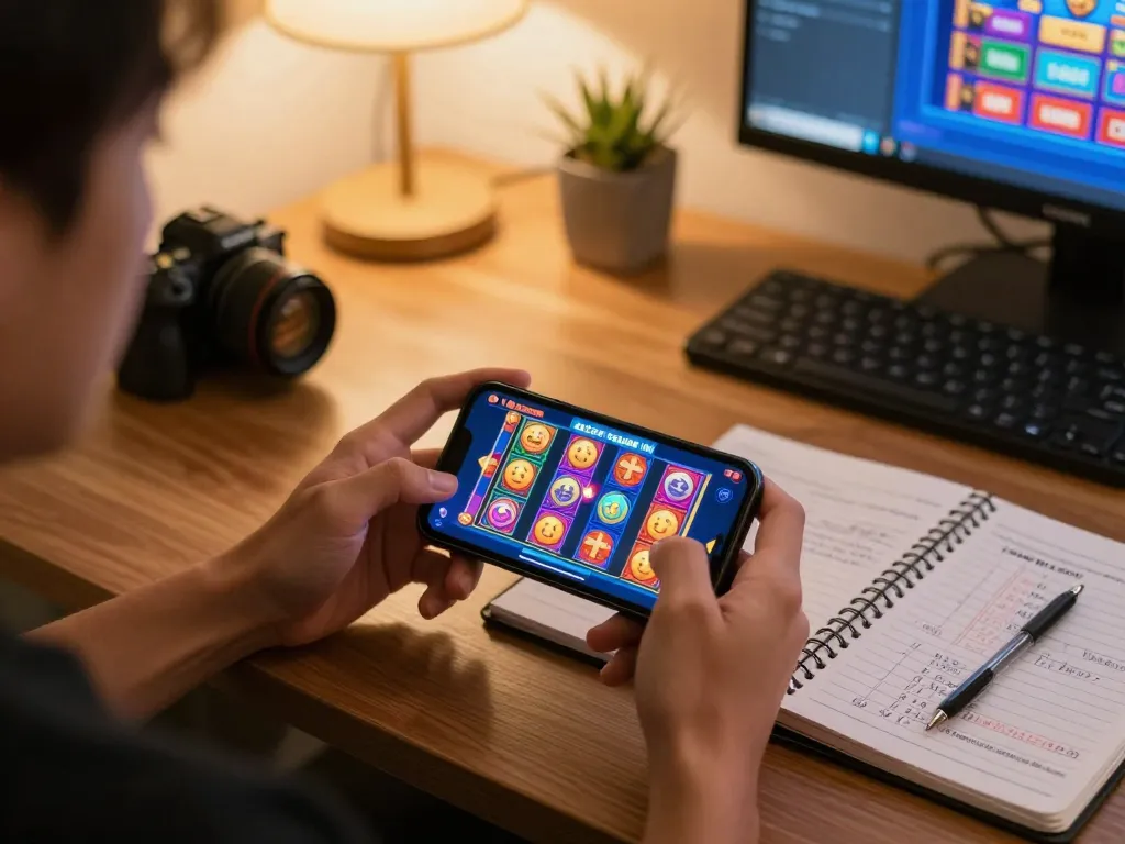 Engaging scene of a player enjoying slot gacor pagi ini on their smartphone at home, promoting responsible gaming.