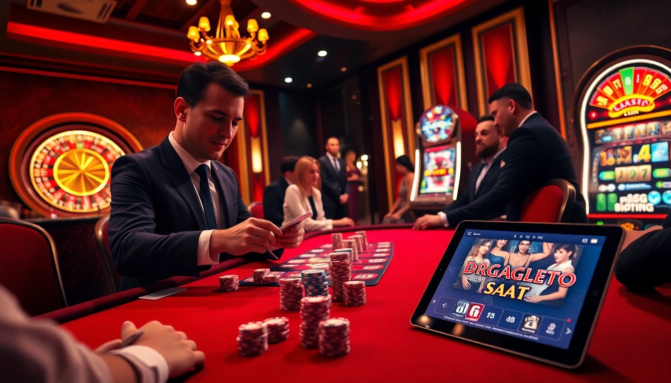 Scène excitante d'une table de jeu montrant l'atmosphère de la meilleure casino en ligne avec des joueurs et des cartes.