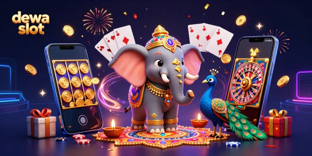 Dewa slot menggambarkan elemen kasino dengan gajah dan burung merak berwarna-warni di antara permainan slot.