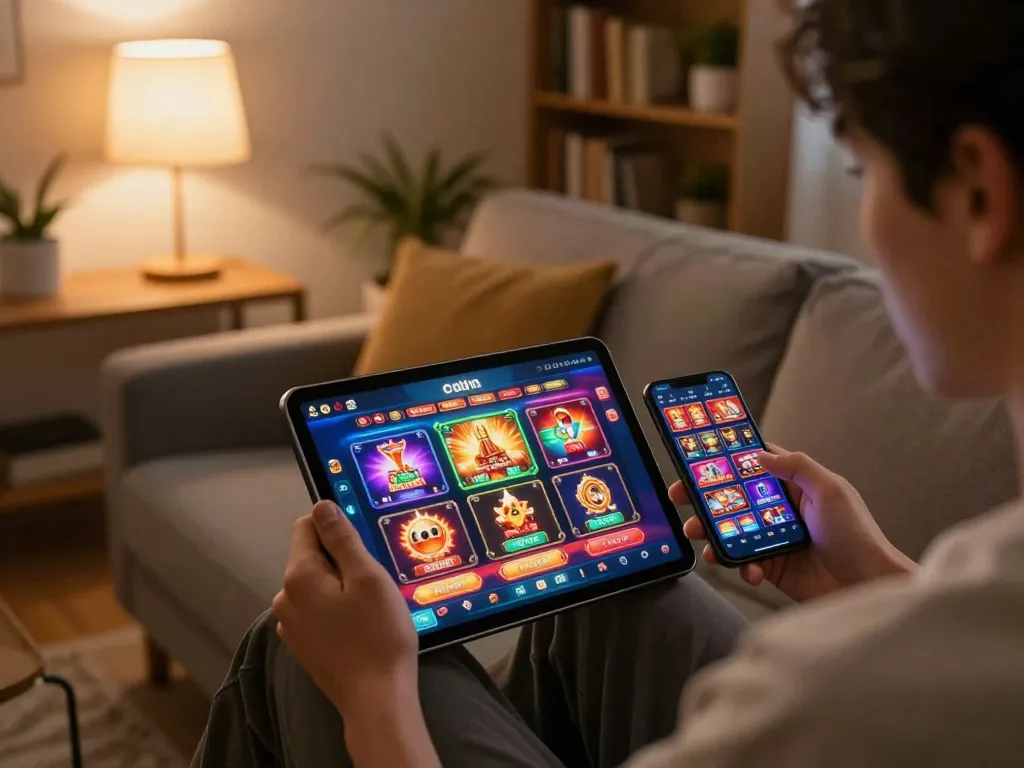 Player enjoying a casino senza registrazione experience on a tablet in a cozy home setting