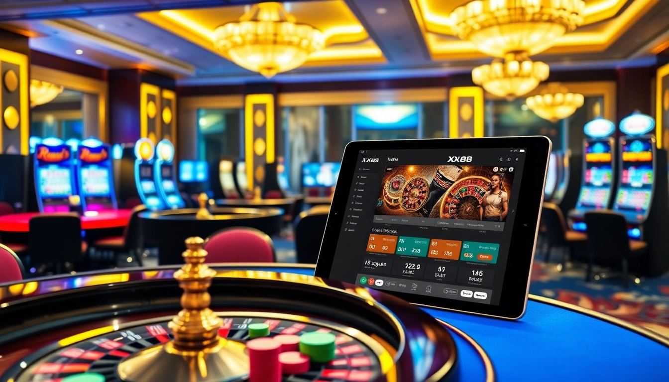 Experience the excitement of gaming at XX88 with vibrant casino tables and a sleek online interface.