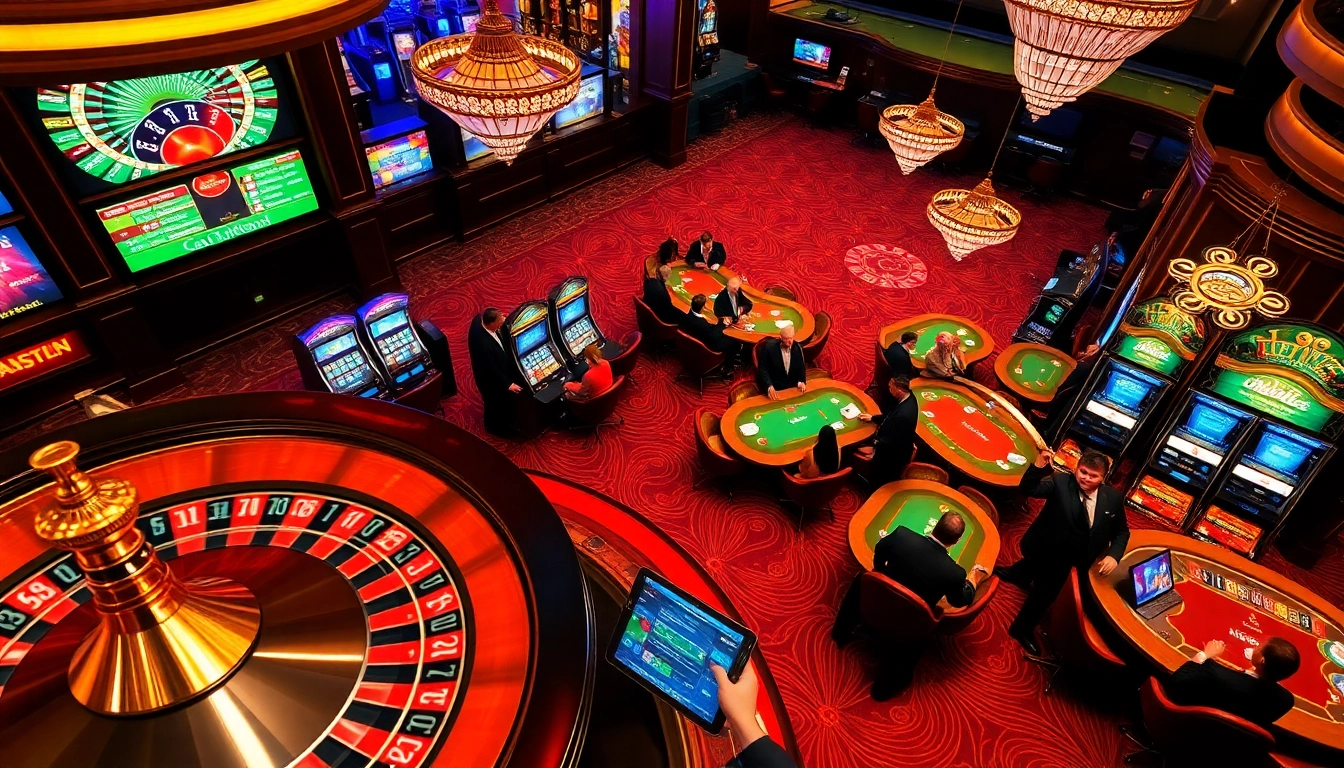 Experience gaming excitement with the mm88 link in a luxurious casino setting, featuring roulette and vibrant slot machines.
