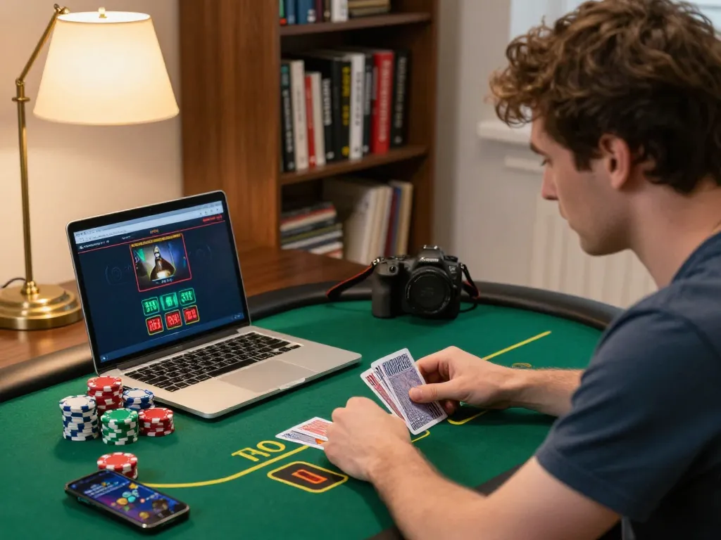 Engaging moment at home for the online game, including trang chủ qq88 and live poker gameplay.