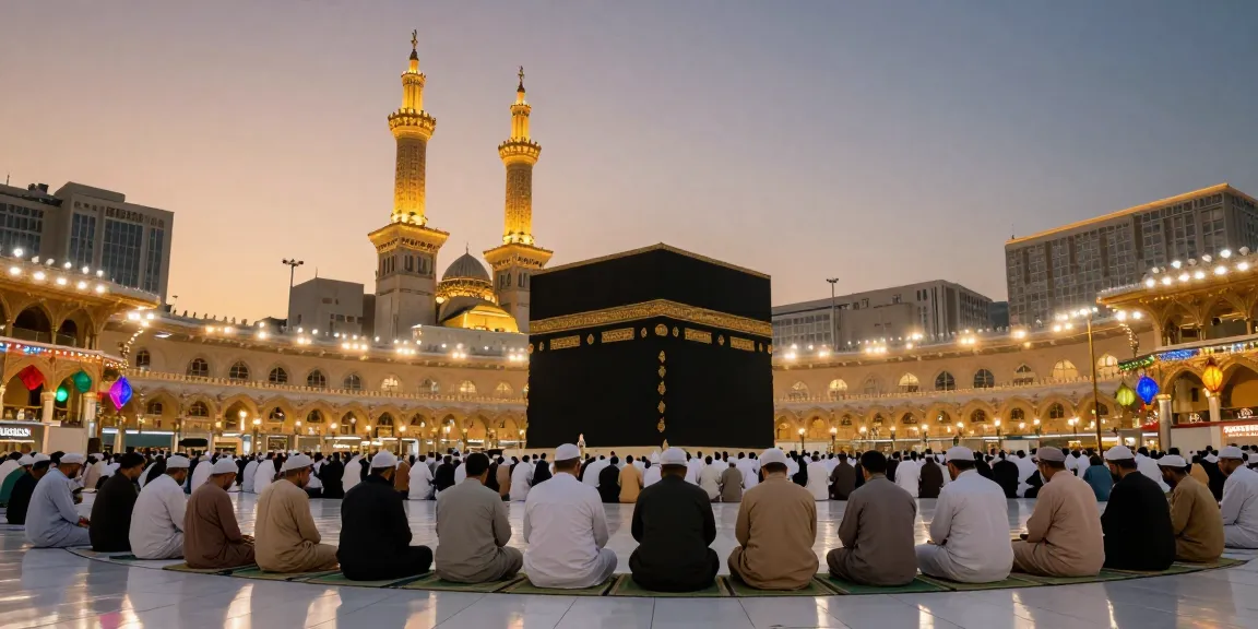 Majestic view of worshippers performing Umrah during Ramadan, celebrating spirituality and community in travel.