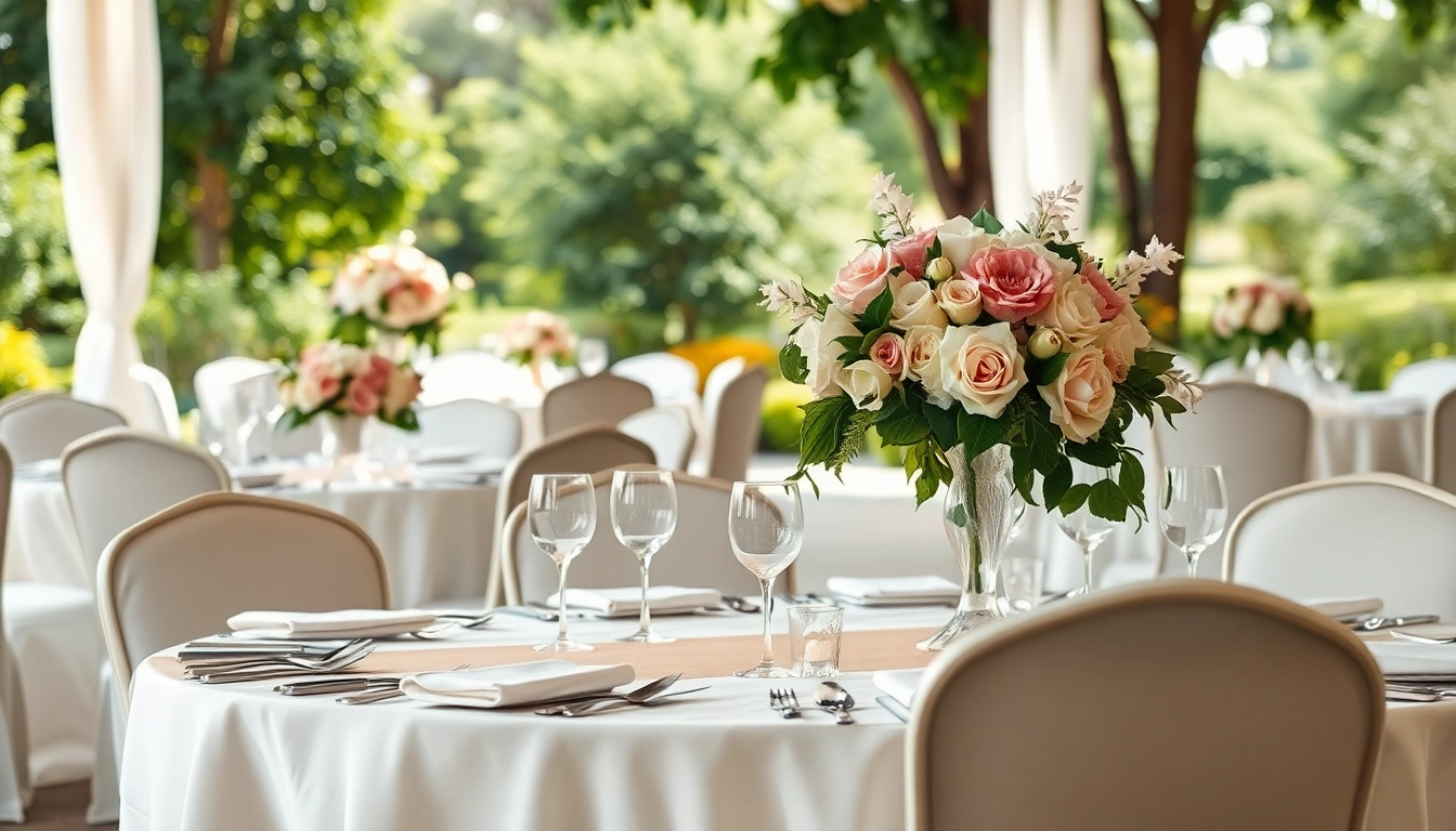 Beautiful wedding & event rentals showcase with elegant decor, floral centerpieces, and warm lighting.
