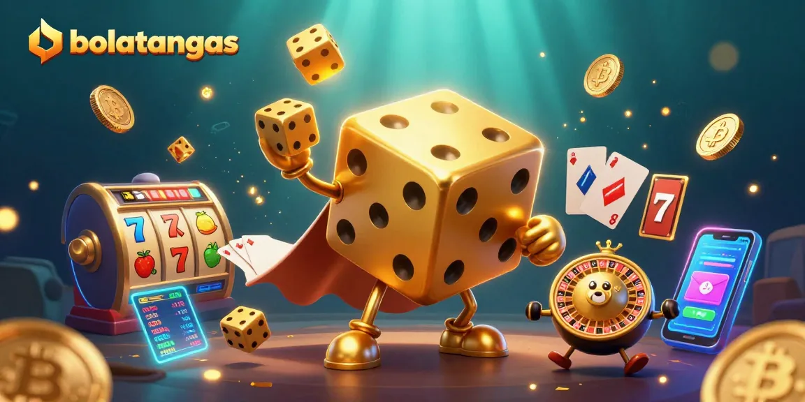 Experience the thrill of bolatangkas as the golden dice golem juggles winnings amidst vibrant slot elements and cryptocurrencies.