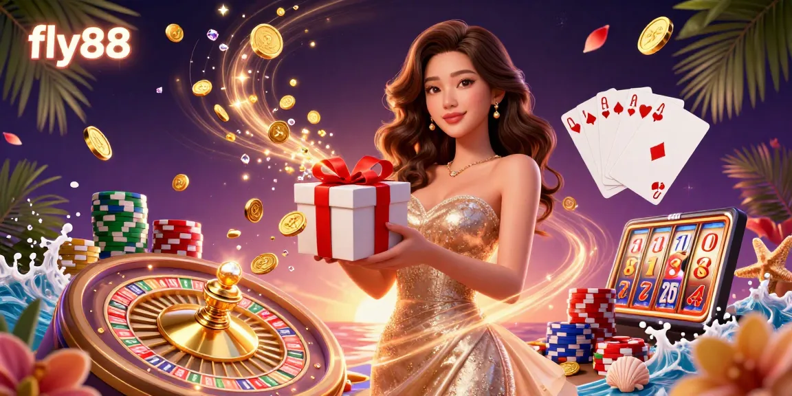 Experience winning moments at fly88 with a stunning Asian woman surrounded by casino treasures and luck.