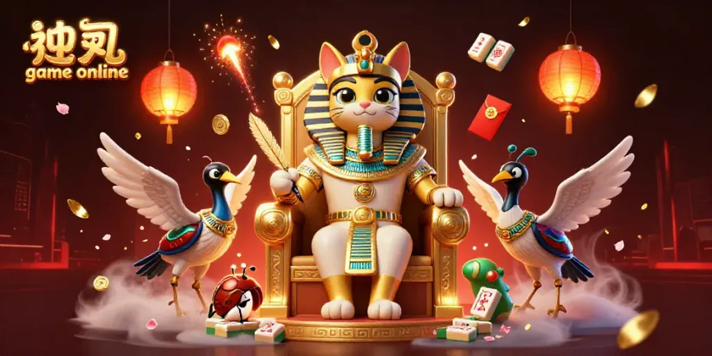 Engage with the vibrant portal game online scene, featuring an Egyptian pharaoh cat and magical gaming elements.