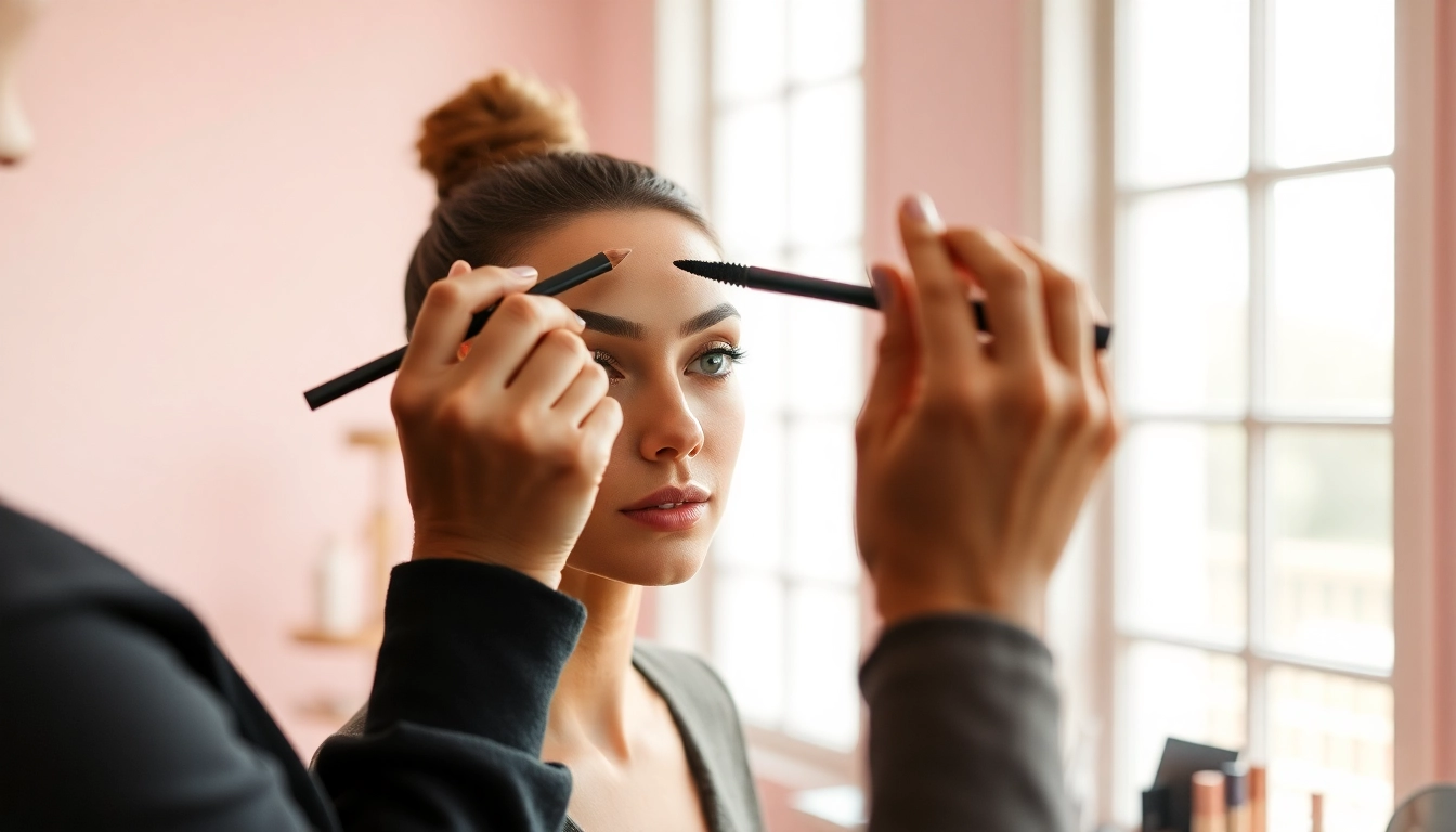 Applying skone cosmetics brow wand for perfectly defined brows in a bright studio setting.