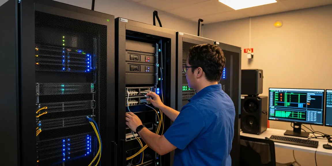 VPS Hosting en México - Technician maintaining high-performance servers in a modern server room showcasing efficient infrastructure