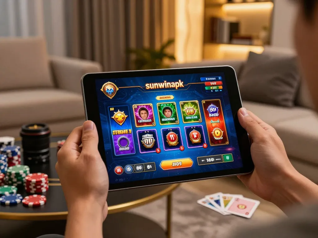 Engage with sunwinapk's thrilling game experience on tablet amidst a cozy home setting