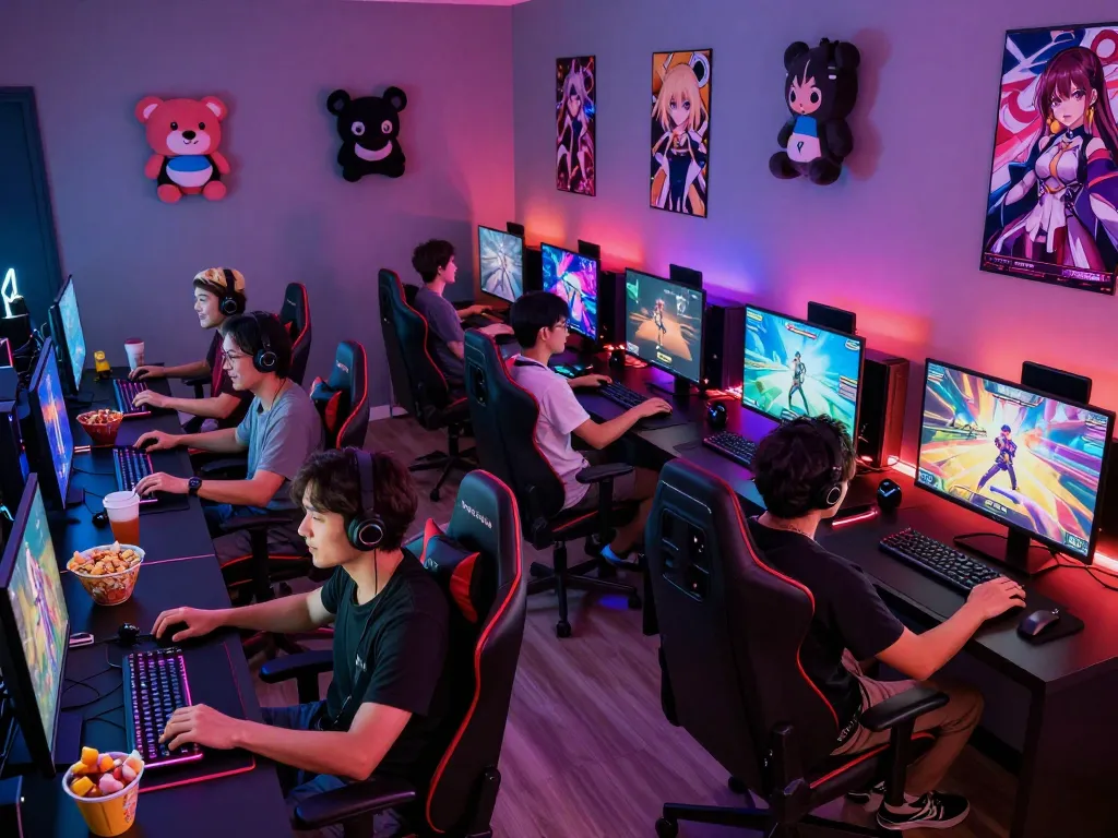 Engaged adults playing hentai games in a vibrant gaming lounge with animated screens.