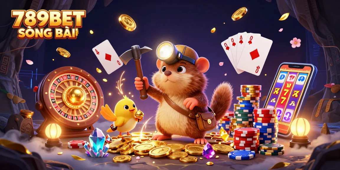 Engage in thrilling 789BET SÒNG BÀI adventures with a cartoon mole and gems amidst dynamic casino elements.
