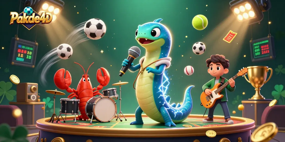 Engage with the vibrant underwater casino scene featuring Pakde4D's electric eel DJ and friends performing with dynamic sports elements.