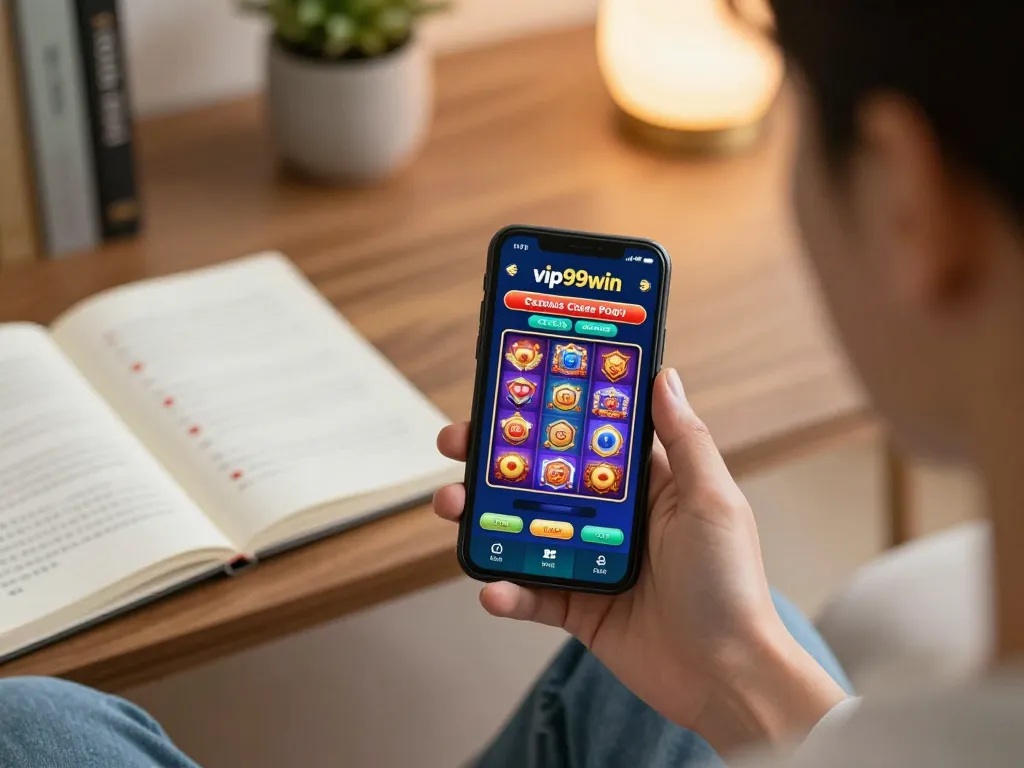 Engaging with vip99win casino app showcasing exciting slot games in a cozy home setting.